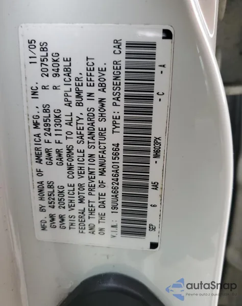 2006 Acura 3.2Tl z USA, uszkodzony, nr VIN 19UUA66246A015664